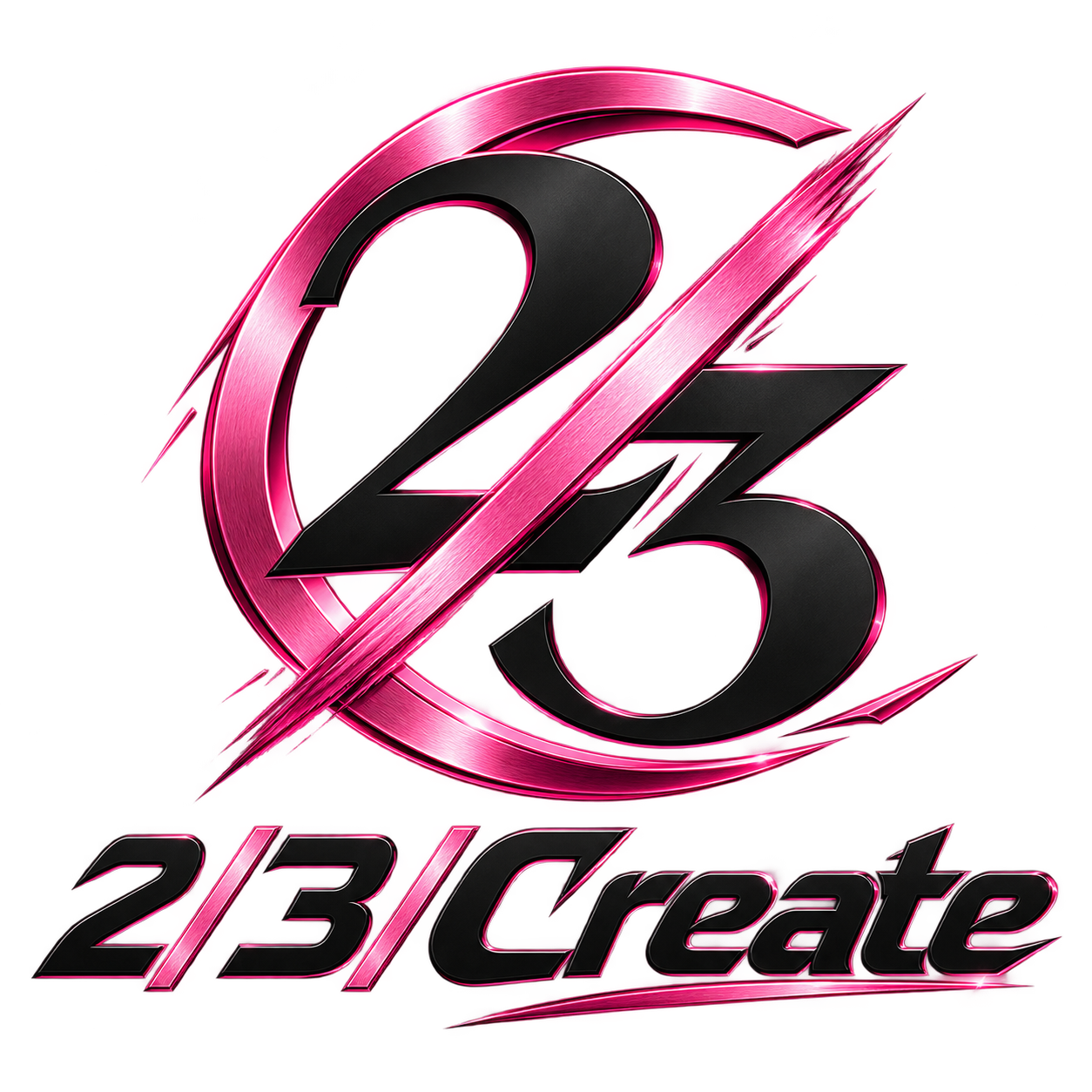 2/3/Create logo: a pink chrome 2/3 monogram with the 2/3/Create wordmark